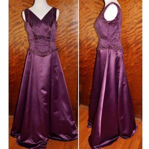 Mark & Lizzie Plum Beaded Sleeveless Satin Formal Evening Gown